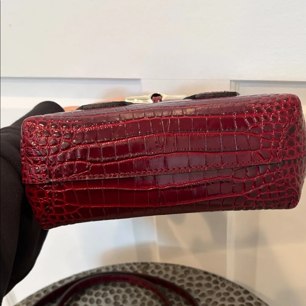 Longchamp XS Roseau Croc-Embossed Burgundy Top-Handle Satchel Crossbody Bag - Picture 11 of 15